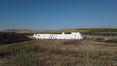 wrapped and stacked bales of hay near solar panels