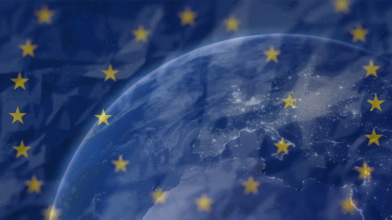 Stelle gialle che girano su sfondo blu, contro un globo sullo sfondo