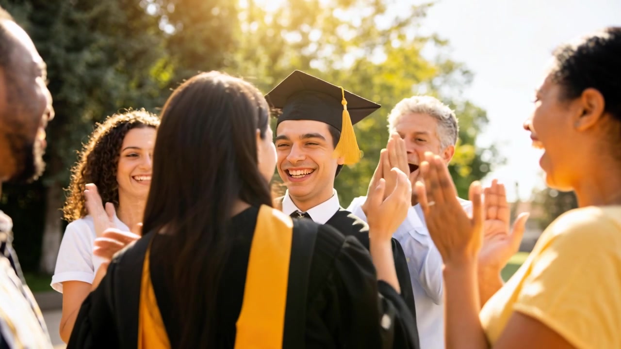 Laureato che abbraccia e scambia sorrisi, con la famiglia che applaude dopo la consegna del diploma nel campus, tra toge e stole.