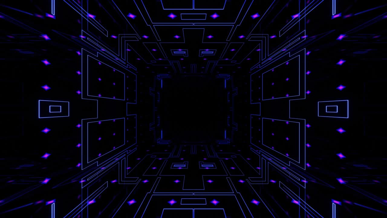 4k seamless looped animation. Fly through mirror symmetrical tunnel with neon pattern, sci fi glow pattern. Bright reflection neon light. Simple bright background, sci fi structure