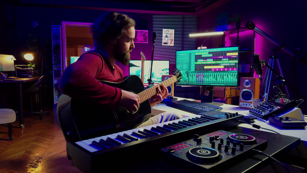 productor de música tocando la guitarra para crear melodías y mezclarlas después