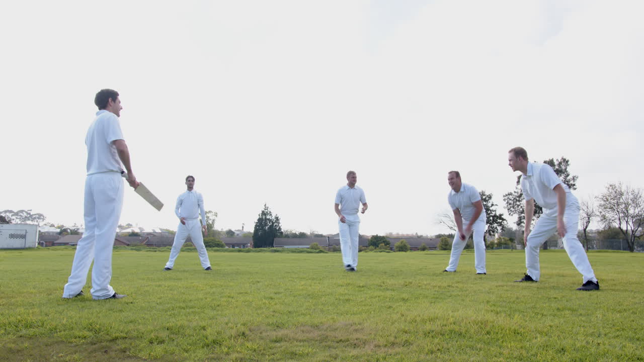 Team of male cricket players practicing cricket, catching and throwing the ball on pitch, copy space