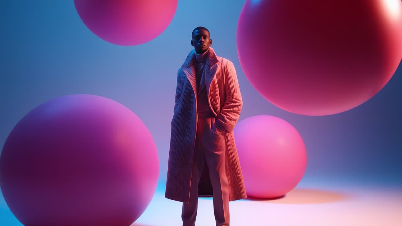 A Bold Fashion Statement: A Model in a Striped Pink Coat Against a Vivid Background of Large Colorful Spheres, Capturing Modern Aesthetics with Strong Visual Contrast and Fluid Geometry