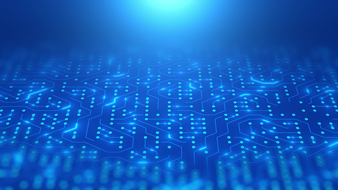 Kredsløbskort med bevægelige elektroner. Abstrakt elektronisk blåt kredsløbskortbaggrund. Kunstig intelligens