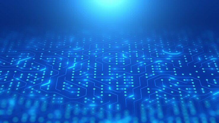 Circuito stampato con elettroni in movimento. Sfondo astratto blu di circuito elettronico. Intelligenza Artificiale