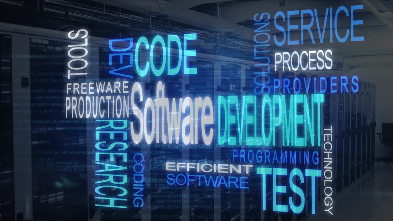 Software development and testing animation in server room background