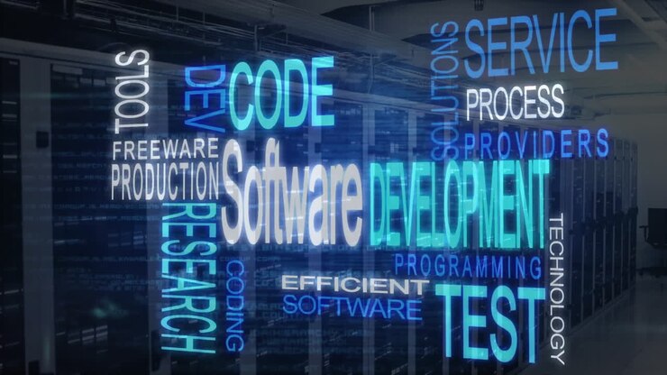 Software development and testing animation in server room background