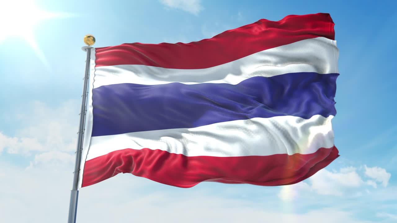 깊은 파란 하늘을 배경으로 바람에 흔들리는 태국 발, 국가 테마, 국제 개념, 3d 렌더링, 시엄리스 루프, 4k