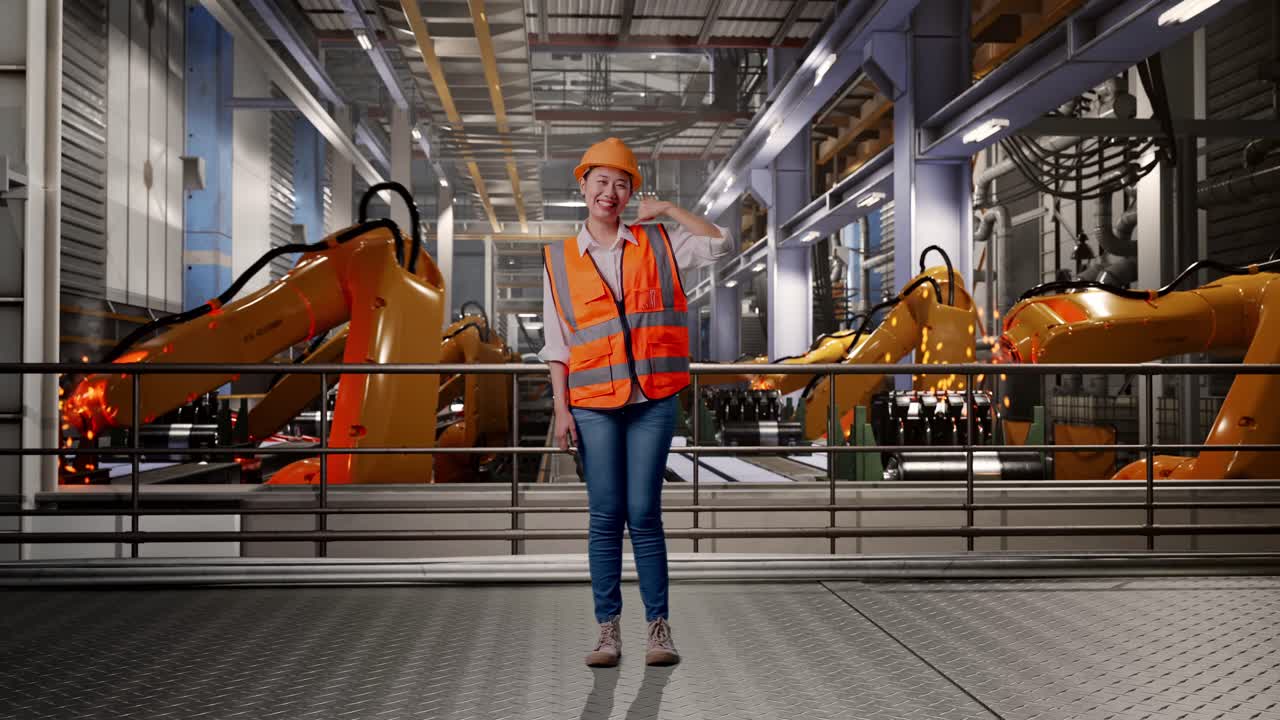 Woman Engineer in a Factory with Robots
