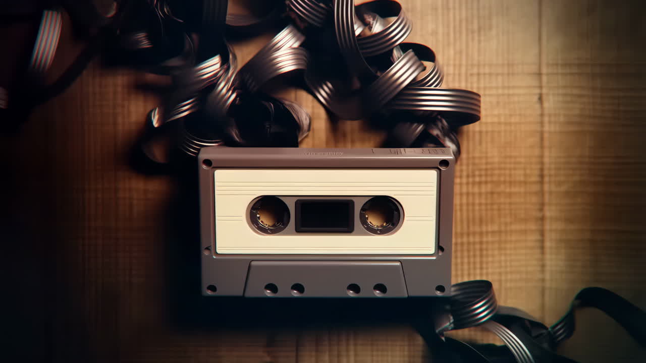Audio Cassette with Unspooled Tape on Wooden Background