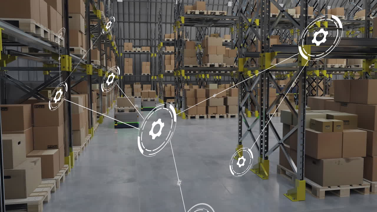 animación de la red de conexiones con iconos sobre el almacén