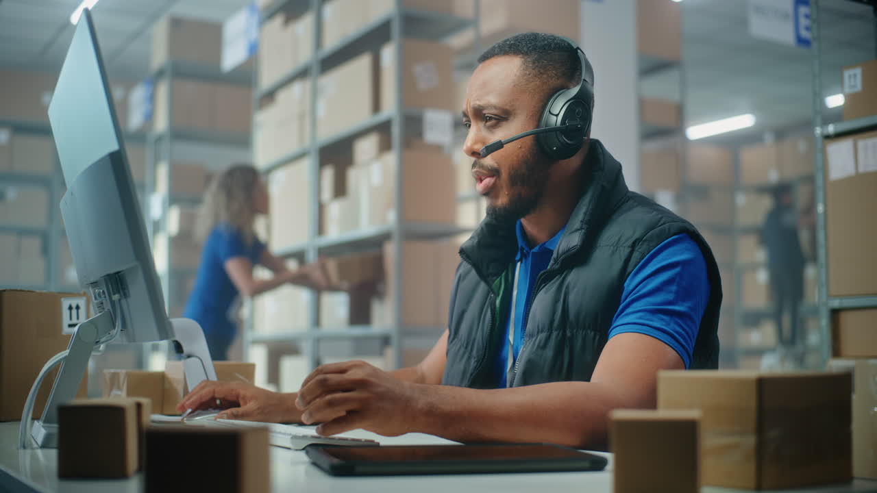 Warehouse worker using computer and headset