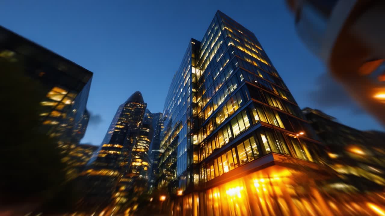 Vista noturna dramática de edifícios urbanos modernos iluminados pelas luzes da cidade, com um céu melancólico que destaca a beleza arquitetônica e a atmosfera vibrante