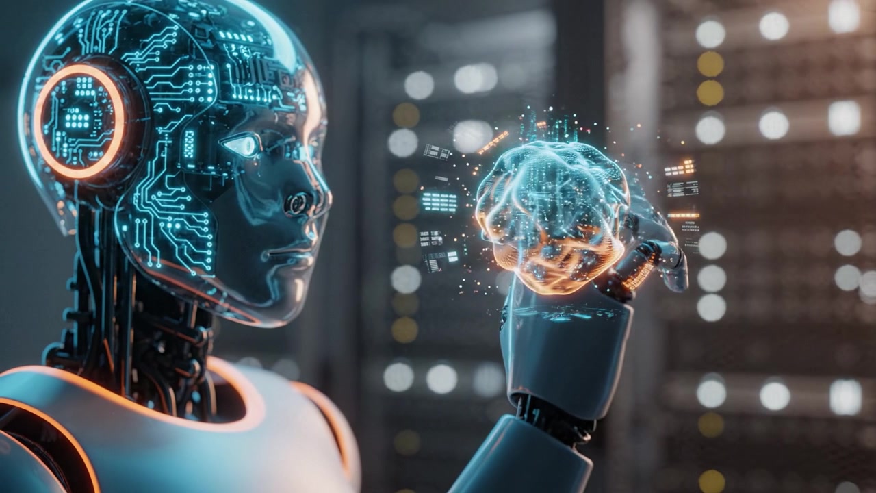 A futuristic robot visualizes artificial intelligence as it interacts with a digital brain, showcasing advanced technology and innovation in a high-tech environment.