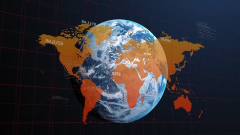 animation of data processing and world map over globe against blue background