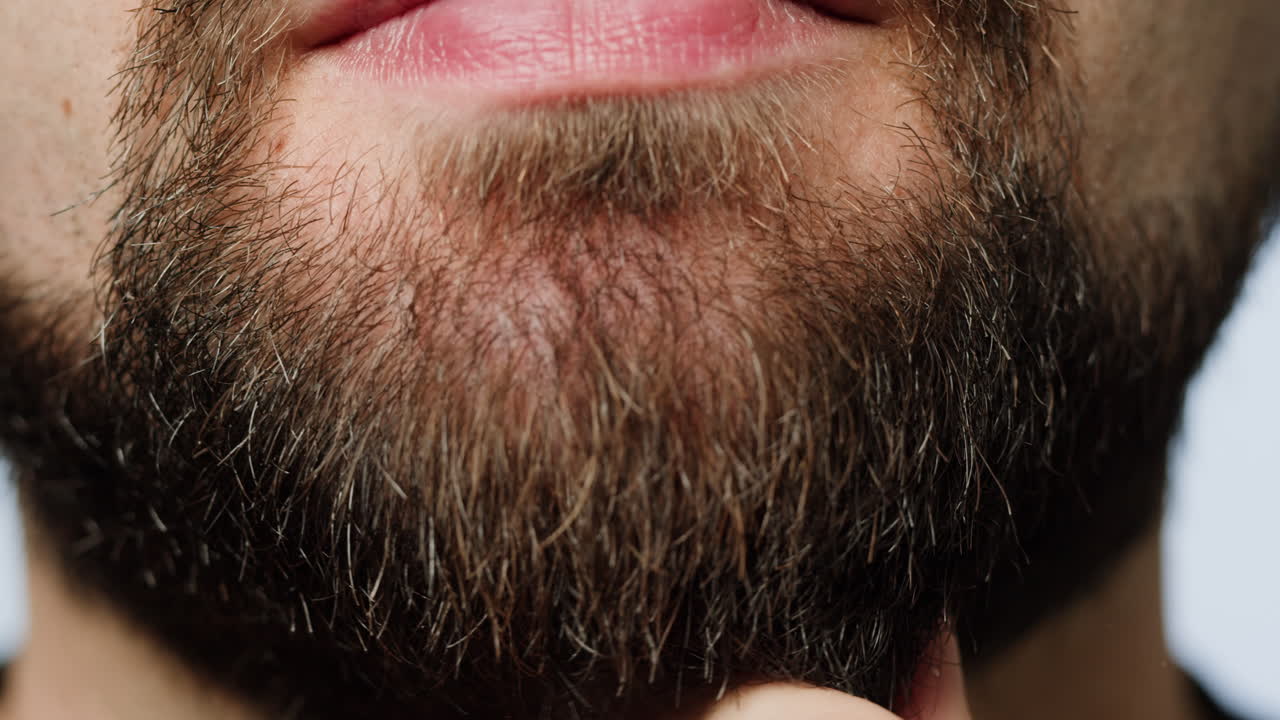 Close-up of a man's beard and hands