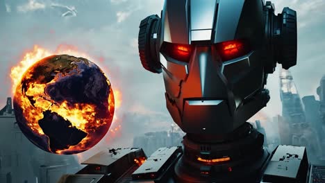 futuristic robot with glowing red eyes watches as a burning earth spins amidst a ruined city skyline, symbolizing chaos and destruction in a dystopian world