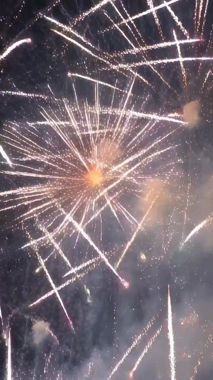 Vídeo vertical: Primeiro estouro de fogos de artifício iluminando o céu para o espetáculo, com faíscas rosa e verdes, fumaça e brasas.