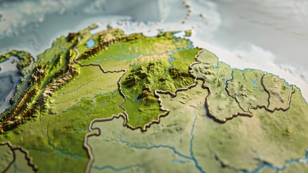 Wirtualna kamera przechyla się, przybliżając trójwymiarową mapę rzeźby terenu, aby pokazać centralne góry i podniesione granice.