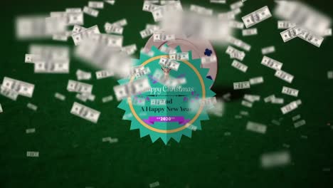 animación de texto de feliz navidad y billetes sobre fichas.