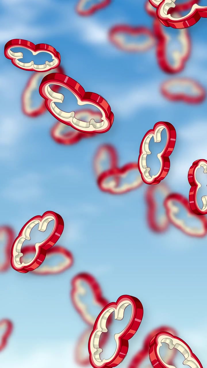 Red bell pepper slices fall vertically against a bright blue sky with soft white clouds.