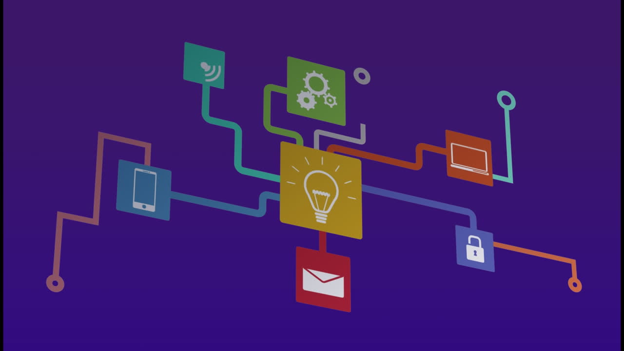 Animation of network of connections with icons on purple background