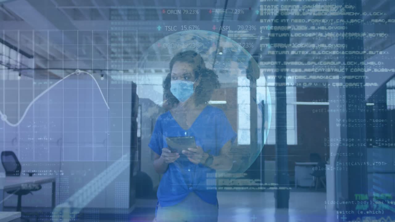 animación del globo y procesamiento de datos sobre una mujer de negocios con máscara facial en la oficina usando una tableta