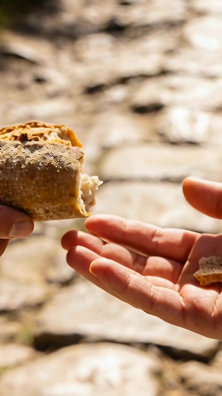 Vertical video: Sharing giver tearing left hand passing crusty loaf fragment into open palm at path