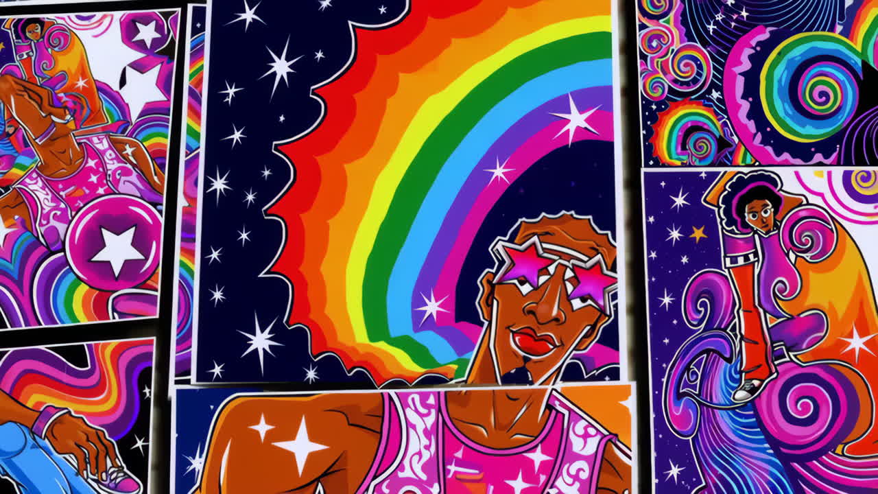 Vibrant Psychedelic Cartoon Collage with Stars and Rainbows