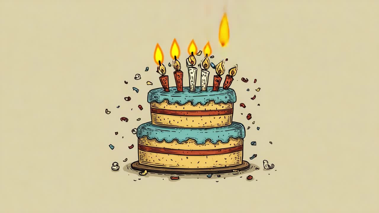 Colorfully Decorated Birthday Cake with Candles: A Whimsical Illustration Captures the Joyous Spirit of Celebration, Ideal for Birthday Wishes and Festive Occasions