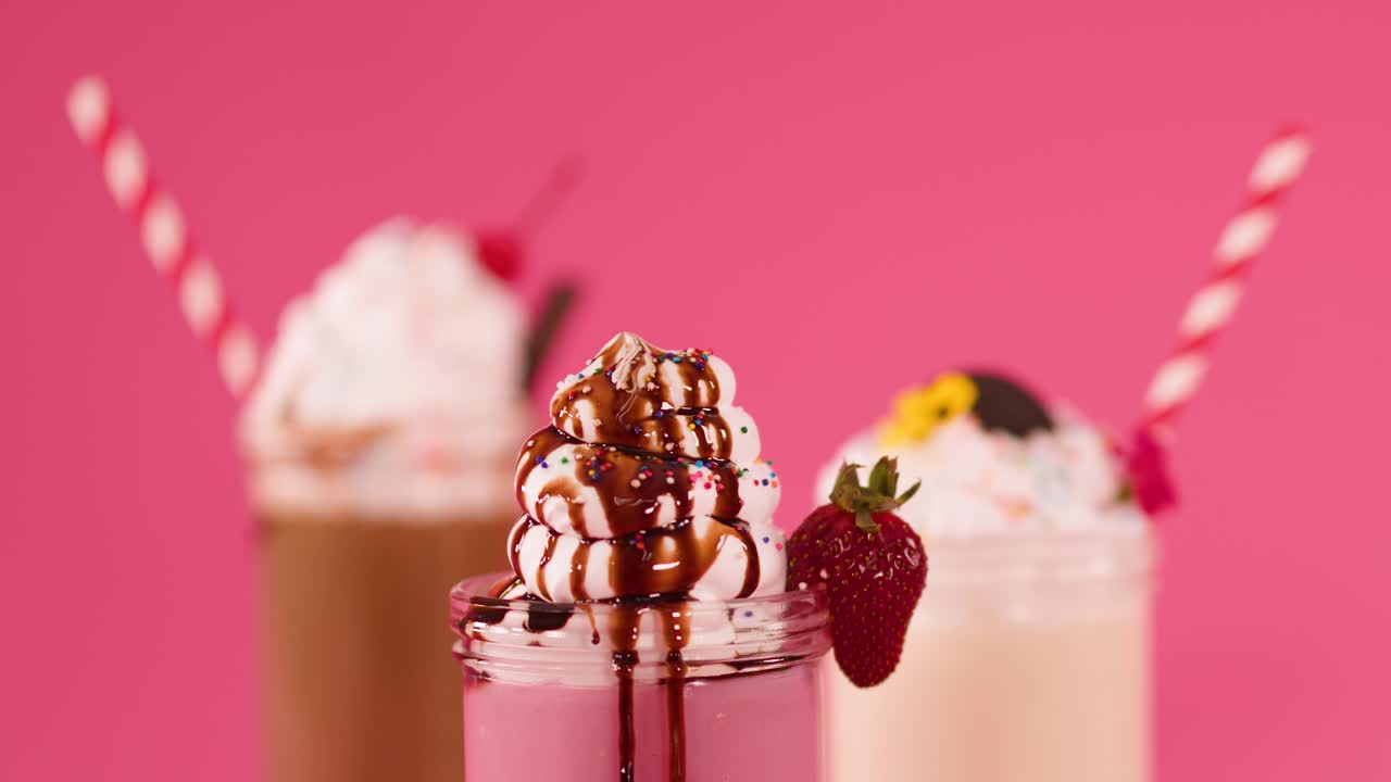 Una mano appoggia una ciliegia sopra panna montata e un frappè alla fragola con cioccolato fuso, sfondo rosa