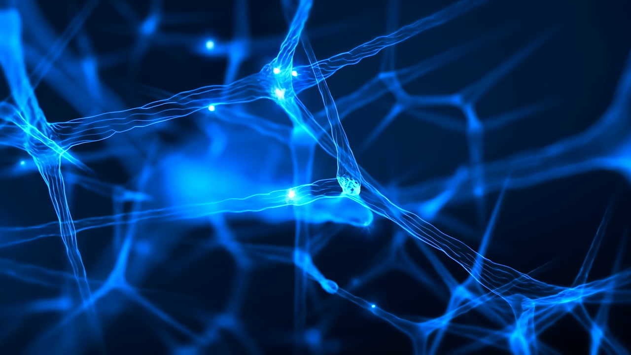 Glowing Blue Neural Network Synapse Web Dynamic Pulses Along Translucent Filaments, Scientific Visualization