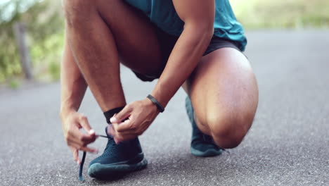 lace shoes, person and hands for running workout