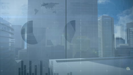 animación del procesamiento de datos estadísticos frente a una vista aérea del paisaje urbano