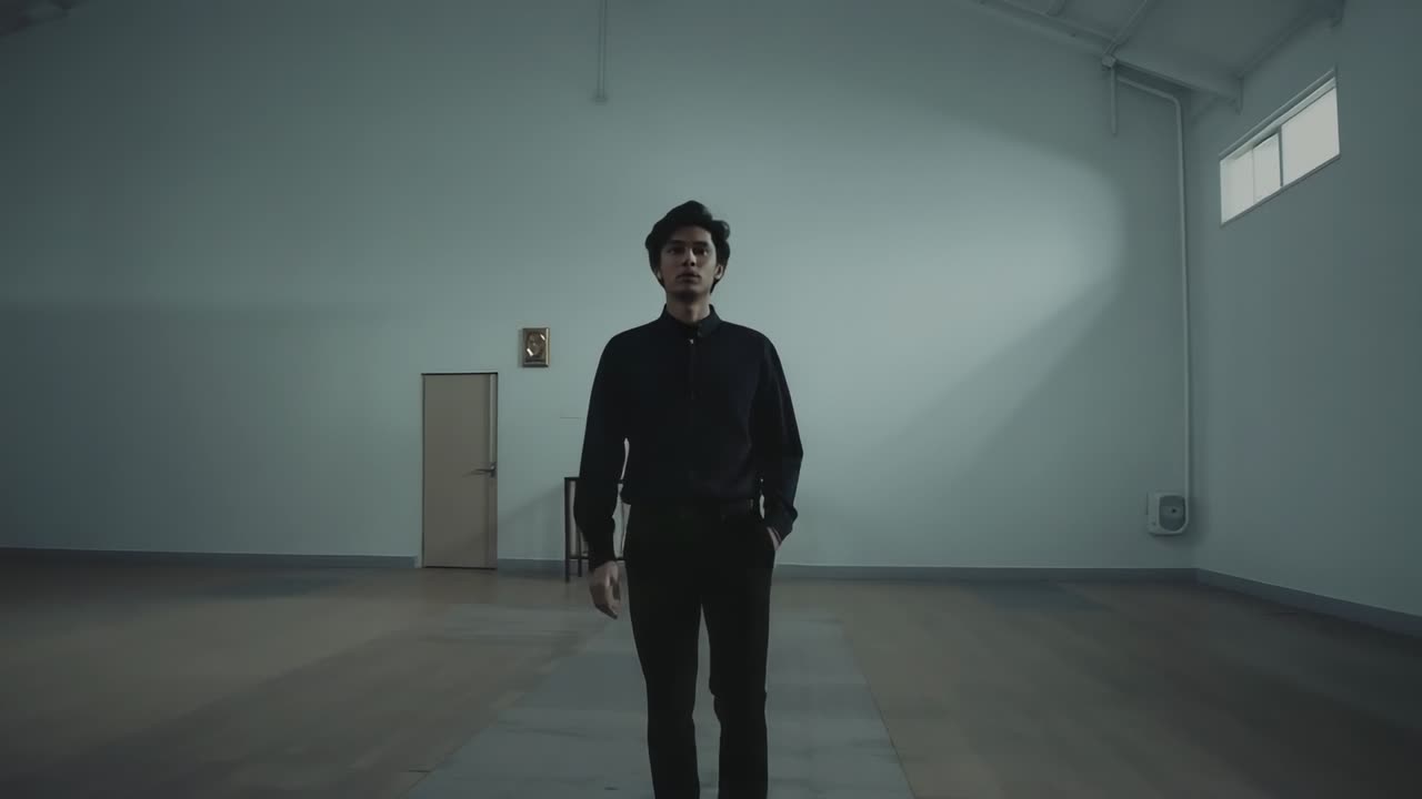 Walking man in dark longsleeve pants starting from far wall in hall toward camera, passing railing