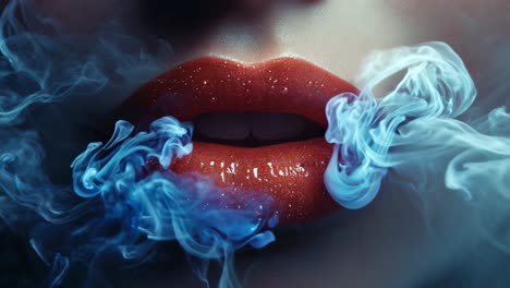 A woman's lips are painted red and she is surrounded by smoke. The image has a moody and mysterious feel to it, as the smoke seems to be obscuring the woman's face