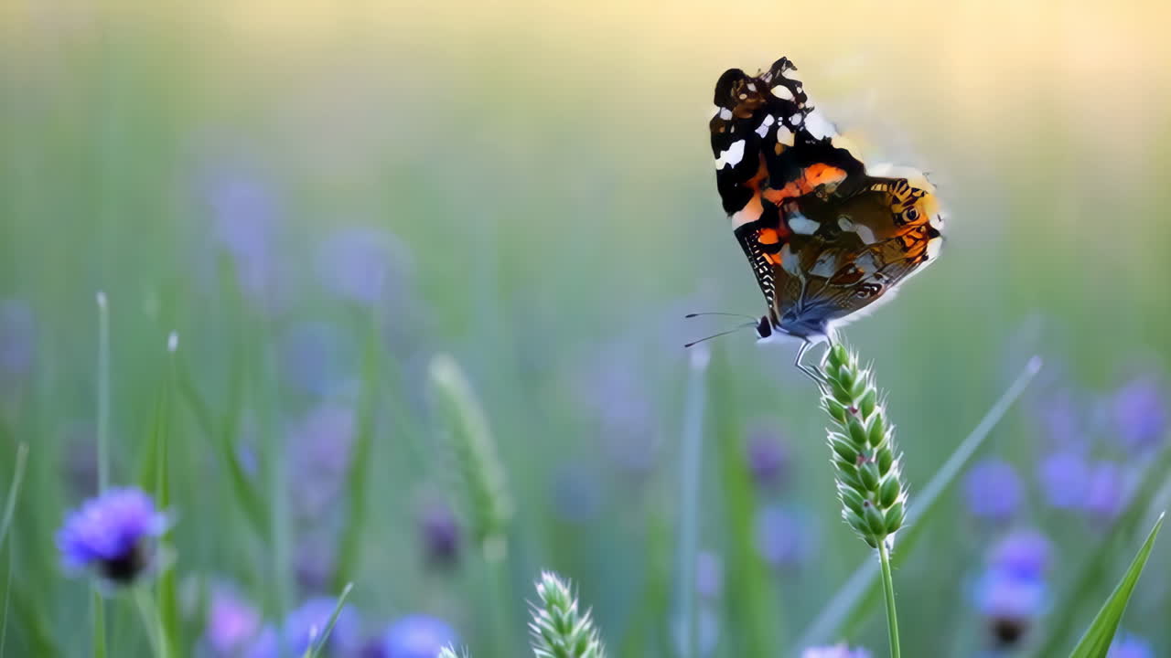 Farfalla appollaiata su una pianta verde in un prato rigoglioso