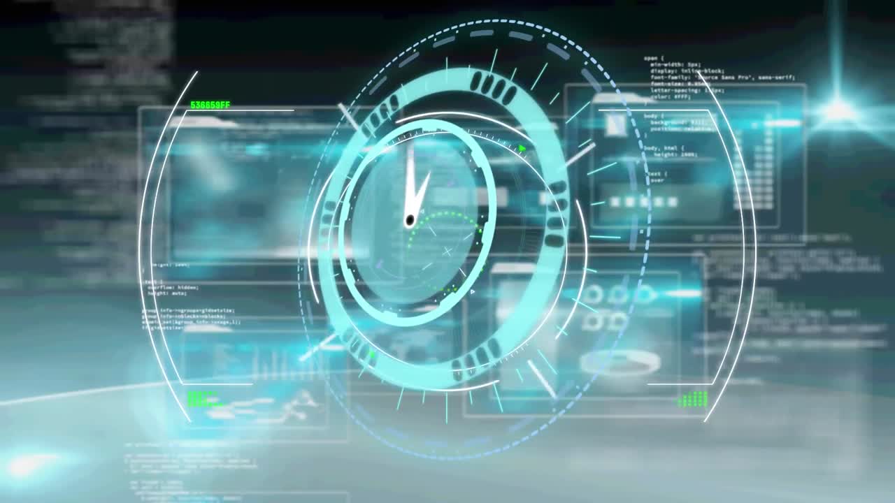 Scope scanning over neon blue digital clock ticking against digital interface with data processing