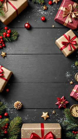regalos y decoraciones de navidad en fondo de madera oscura