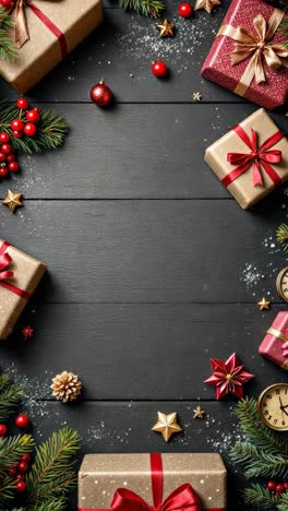 christmas gifts and decorations on dark wooden background