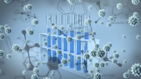 Animation-of-covid-19-cells-over-chemical-compound-structures,-molecules-and-test-tubes