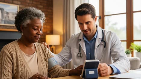 a compassionate health check: a medical professional conducts a blood pressure measurement while providing support and comfort to a patient in a warm, inviting environment