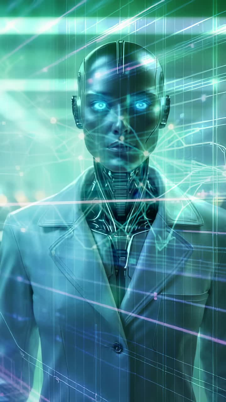 Vertical video: Scanning data streams, female android rotating striding through data center racks