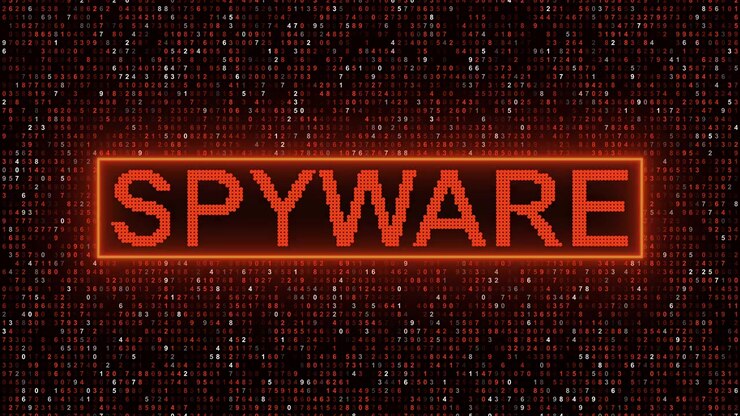 Spyware Text Displayed on Digital Background with Scrolling Numbers
