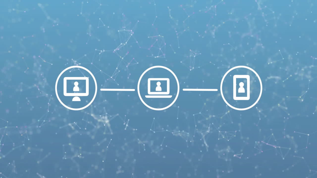 파란색 배경 위에 디지털 아이콘과 연결 네트워크의 애니메이션