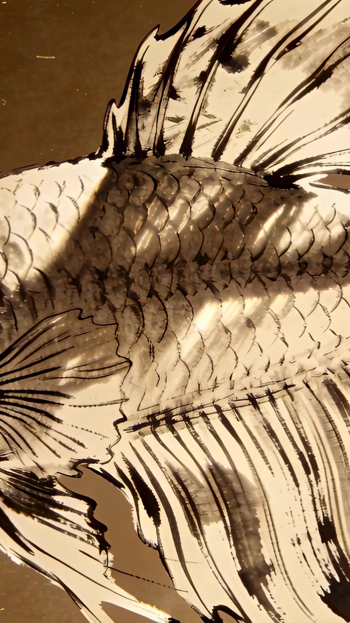 Vertical video: Slatted blinds casting shadow bands across ink fish on tabletop, revealing scales