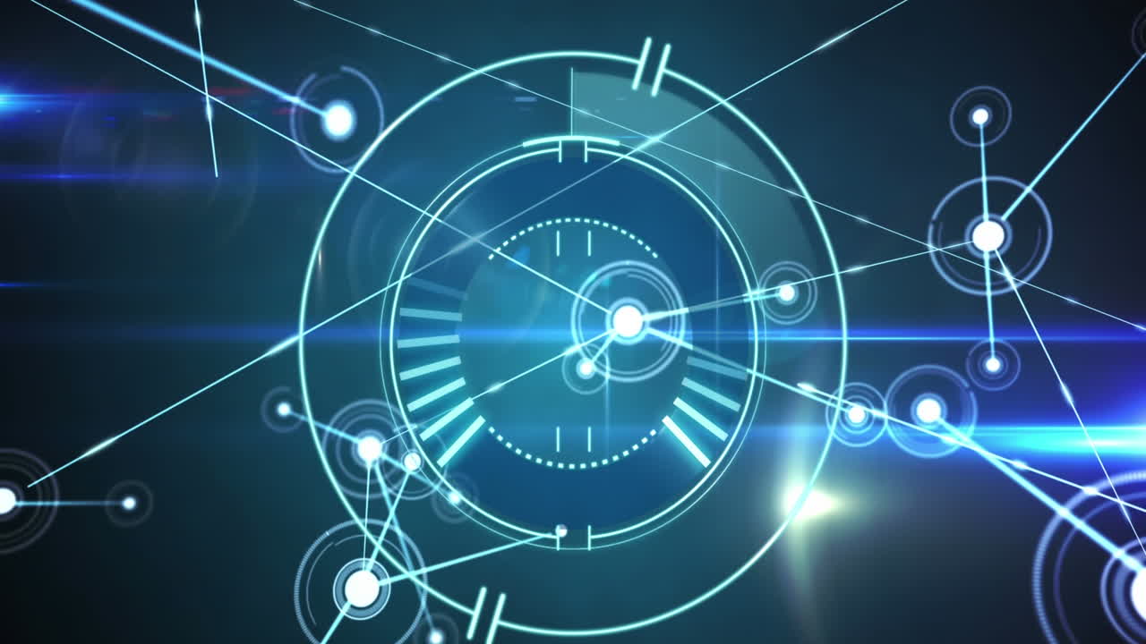 animación de la red de conexiones a través de un escáner redondo contra rastros de luz en fondo azul