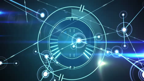 animation of network of connections over round scanner against light trails on blue background