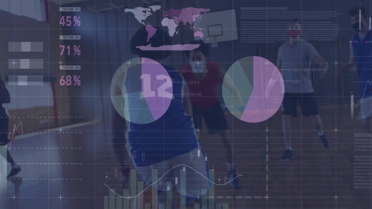 Basketball players dribbling past defender in gym, showing sports analytics, world map, percentages