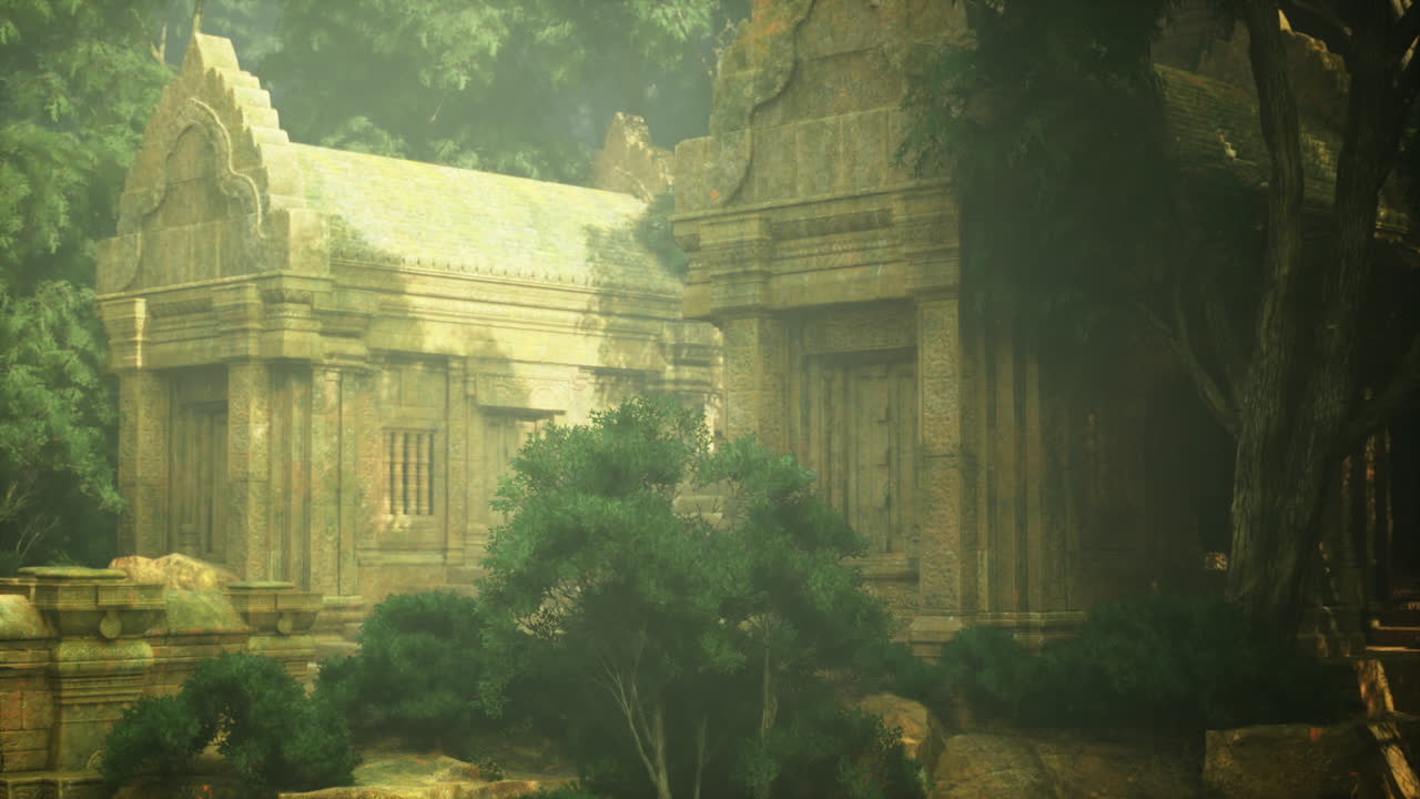Facciata di tempio coperta di muschio illuminata dal sole, avvolta nel silenzio nebbioso della foresta
